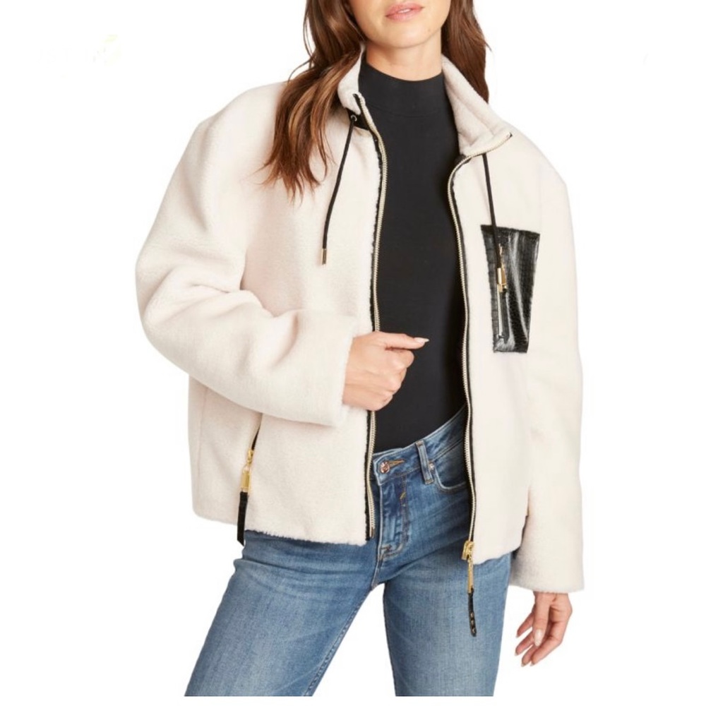 NWT: REBECCA MINKOFF Faux Fur Mockneck Jacket: black/white